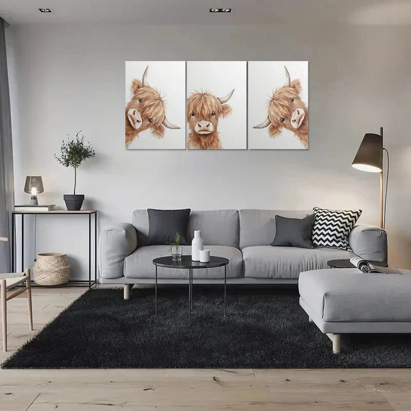 3pcs Highland Cow Cute Animal Metal Print Ready to Hang Art