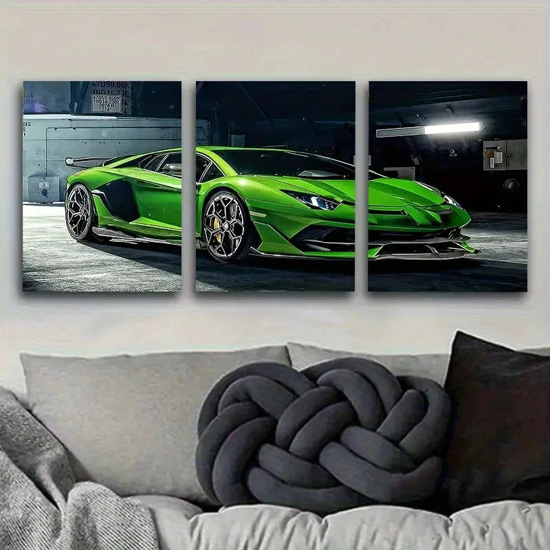 3pcs Green Sports Car in Garage Wall Art Set Canvas Framed 60x90cm - High Quality Print 100% Australian Made Wall Canvas Ready to Hang