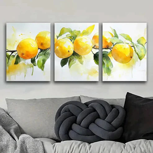 3pcs Lemons and Green Leaves Nature Yellow Wall Art Set Canvas Unframed - High Quality Print 100% Australian Made Wall Canvas