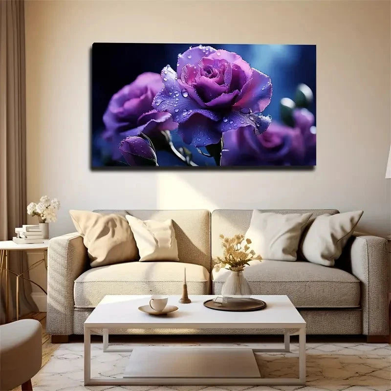 Vibrant Blue & Purple Rose Wall Art Canvas Office Home Room Framed 120x60cm
