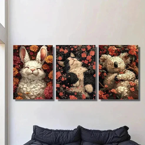 3pcs Rabbit Cat & Koala Sleeping on Flowers Wall Art Canvas Unframed - High Quality Print 100% Australian Made Wall Canvas