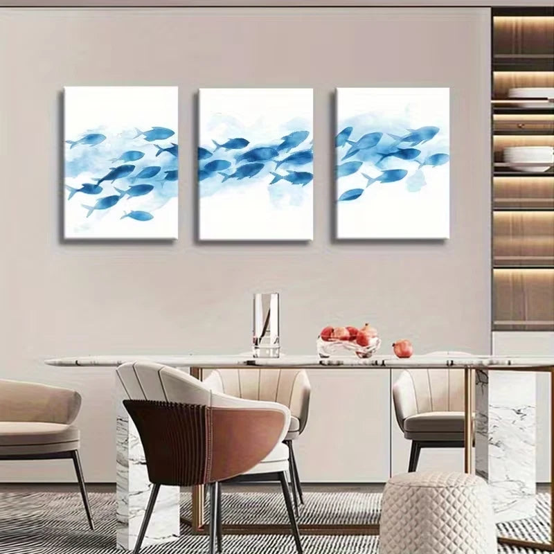 3pcs Abstract Blue Sea Fish Metal Print Ready to Hang Art