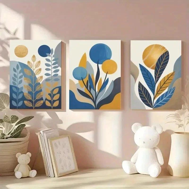 3pcs Abstract Leaves, Golden Sun, Blue Circles Wall Art Set Canvas Framed 50x70cm - High Quality Print 100% Australian Made Wall Canvas Ready to Hang - Bella Home Decor