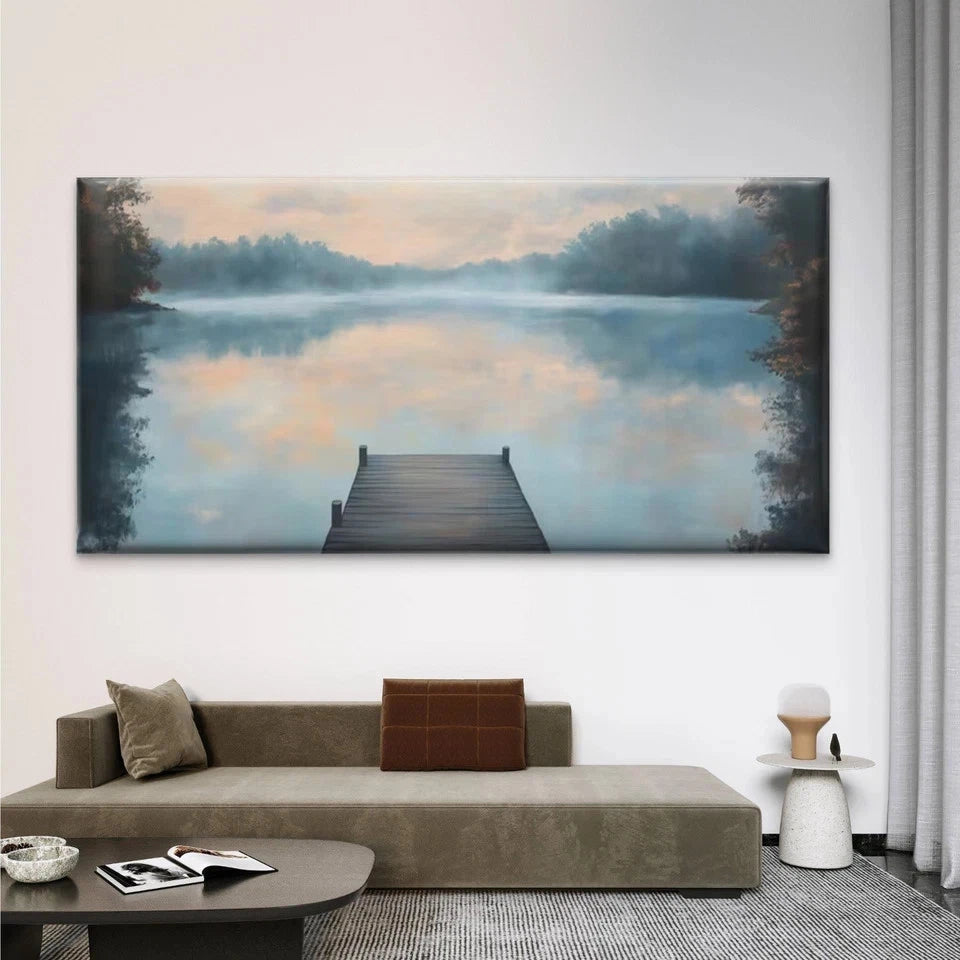Lake Dock Dawn Scenic Landscape Wall Art Canvas Office Home Room Framed 120x60cm