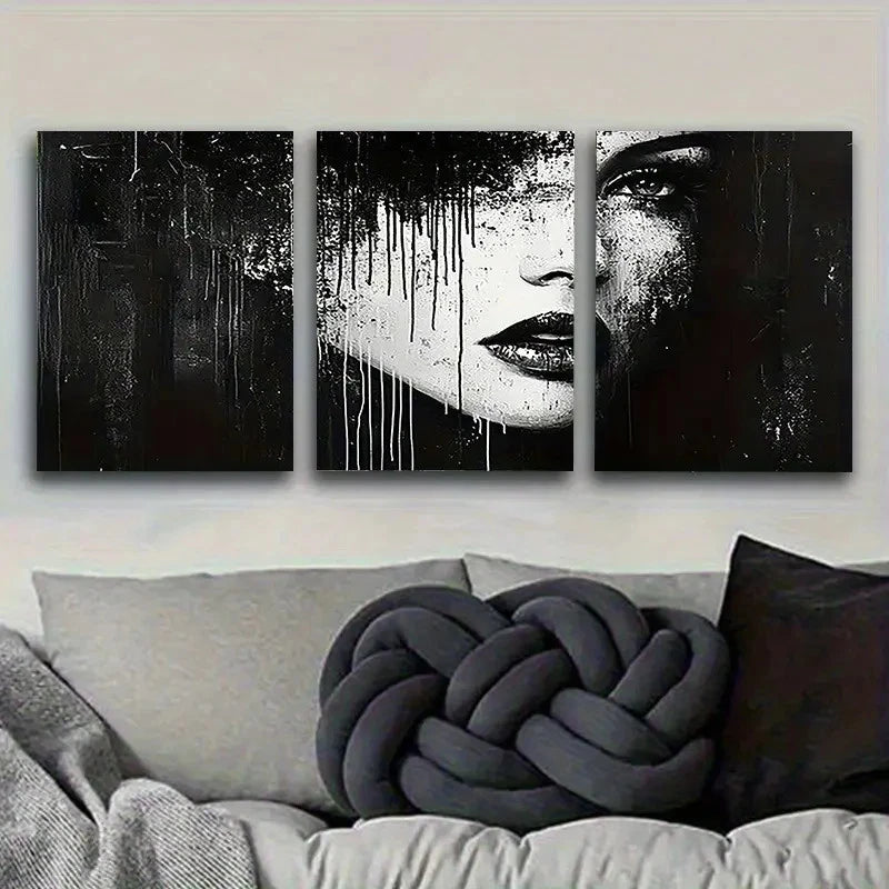 3pcs Monochrome Dripping Portrait Wall Art Set Canvas Framed 50x70cm - High Quality Print 100% Australian Made Wall Canvas Ready to Hang