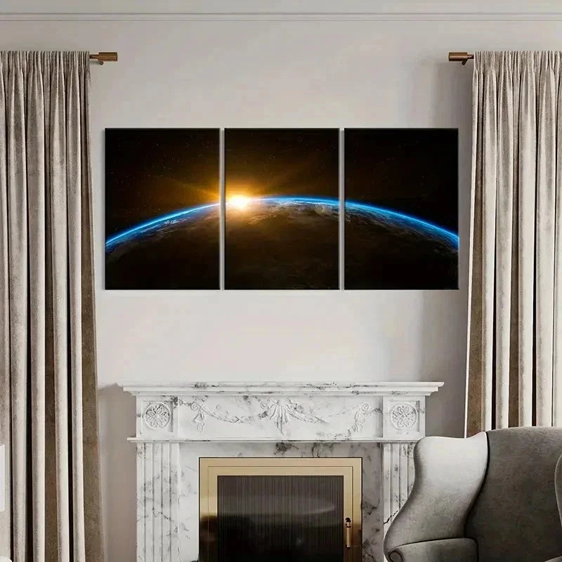 3pcs Sunrise Planet Earth from Outer Space Wall Art Set Canvas Framed 50x70cm - High Quality Print 100% Australian Made Wall Canvas Ready to Hang