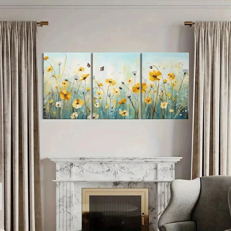 3pcs Meadow with Yellow Daisies & Butterflies Wall Art Set Canvas Framed 60x90cm - High Quality Print 100% Australian Made Wall Canvas Ready to Hang - Bella Home Decor