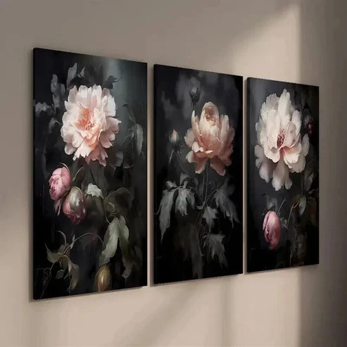 3pcs Gothic Peony Pink & White Roses Wall Art Set Canvas Unframed - High Quality Print 100% Australian Made Wall Canvas