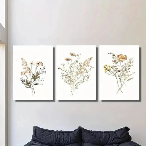 3pcs Rustic Wildflower in Golden & Black Wall Art Set Canvas Unframed - High Quality Print 100% Australian Made Wall Canvas