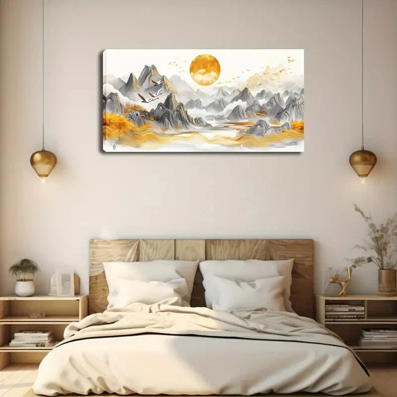 Golden Geese Sun Landscape Wall Art Canvas Office Home Room Framed 120x60cm - Bella Home Decor