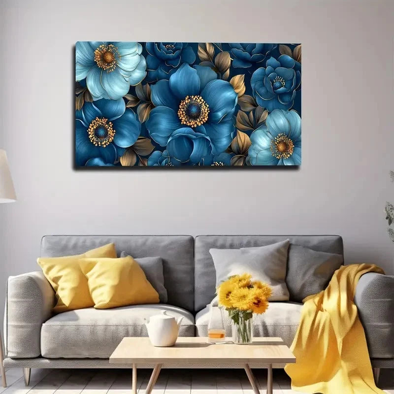 Floral painting above a gray sofa with yellow pillows and a coffee table in a living room.