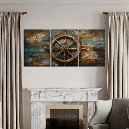 3pcs Nautical Ship Wheel Artwork Vintage Wall Art Canvas Unframed - High Quality Print 100% Australian Made Wall Canvas