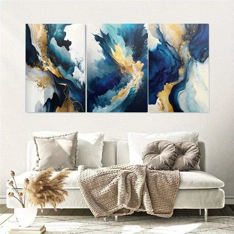 3pcs Blue Golden Abstract Ink Wall Art Set Canvas Framed 60x90cm - High Quality Print 100% Australian Made Wall Canvas Ready to Hang