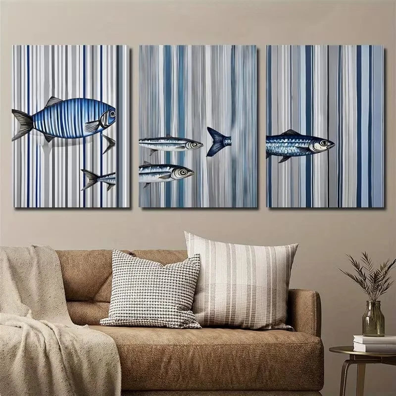 3pcs Featuring a Sardine Inspired by Sea Creatures Metal Print Ready to Hang Art