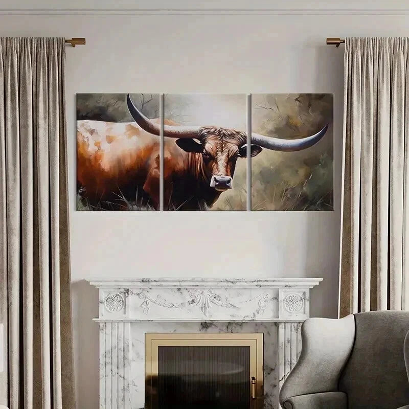 3pcs Texas Longhorn Cattle Decor Wall Art Set Canvas Framed 60x90cm - High Quality Print 100% Australian Made Wall Canvas Ready to Hang - Bella Home Decor