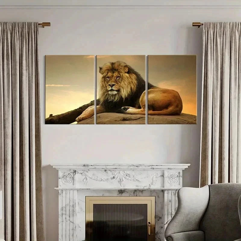 3pcs Majestic Lion Sitting on a Rock Wall Art Set Canvas Framed 60x90cm - High Quality Print 100% Australian Made Wall Canvas Ready to Hang