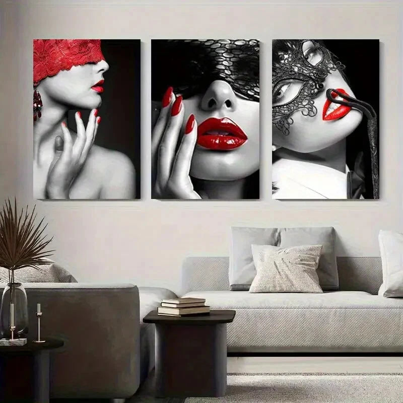 3pcs Red Lips with Lace Mask Abstract Perfect Wall Art Set Canvas Framed 60x90cm - High Quality Print 100% Australian Made Wall Canvas Ready to Hang - Bella Home Decor