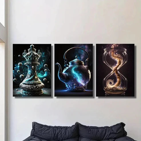 3pcs Fantasy Art, Magic Container Chess, Teapot Wall Art Set Canvas Unframed - High Quality Print 100% Australian Made Wall Canvas
