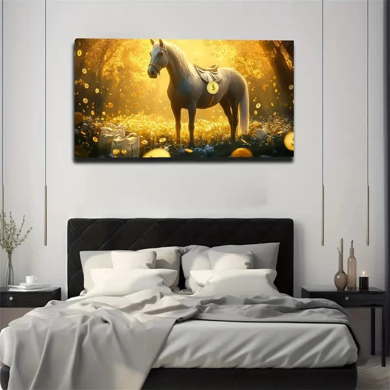 Majestic Horse In A Golden-Lit Wall Art Canvas Office Home Room Framed 120x60cm