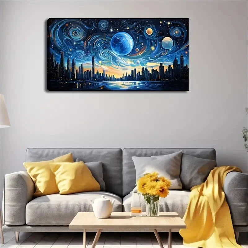 Cosmic Cityscape Swirling Sky Wall Art Canvas Office Home Room Framed 120x60cm - Bella Home Decor