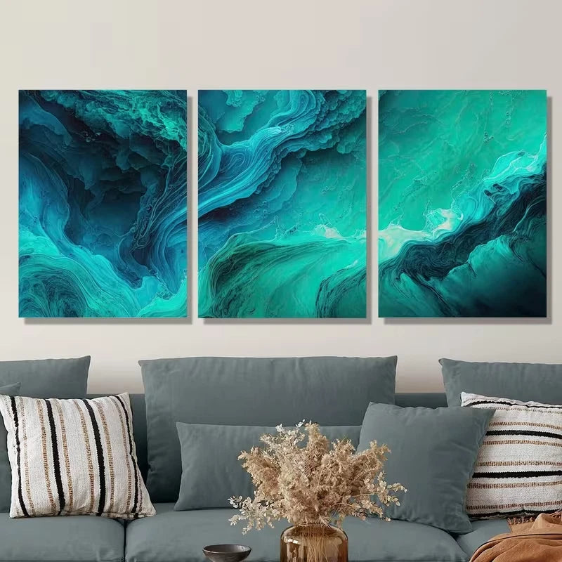 3pcs Blue-Green Water Design Metal Print Ready to Hang Art