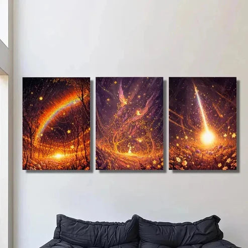 3pcs Fantasy Golden Rainbow Golden Fairy Wall Art Canvas Unframed - High Quality Print 100% Australian Made Wall Canvas