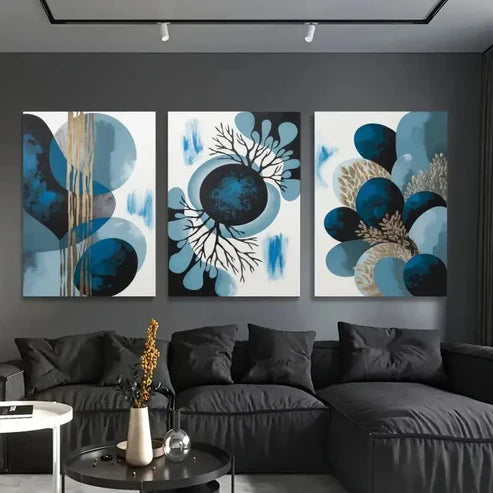 3pcs Abstract Shapes Blue color Style, Popular Wall Art Set Canvas Unframed - High Quality Print 100% Australian Made Wall Canvas