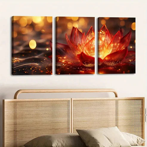 3pcs Vibrant Lotus Flower Paint Golden Hues Gold Wall Art Set Canvas Unframed - High Quality Print 100% Australian Made Wall Canvas