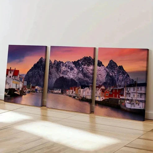 3pcs Mountains Small Town and Lake Wall Art Set Canvas Unframed - High Quality Print 100% Australian Made Wall Canvas
