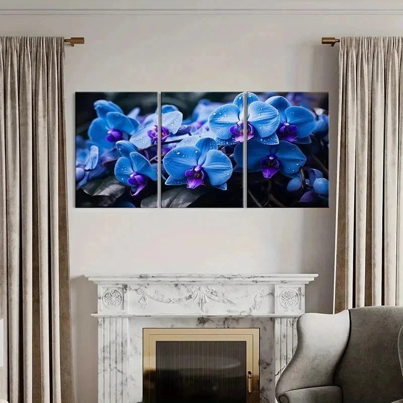 3pcs Blue Phalaenopsis Flowers with Dewdrops Wall Art Set Canvas Framed 60x90cm - High Quality Print 100% Australian Made Wall Canvas Ready to Hang - Bella Home Decor