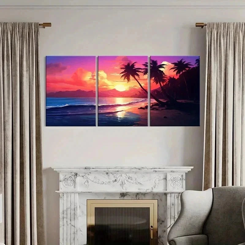 3pcs Colorful Sky Palm Trees & Ocean Waves Wall Art Set Canvas Framed 40x60cm - High Quality Print 100% Australian Made Wall Canvas Ready to Hang - Bella Home Decor