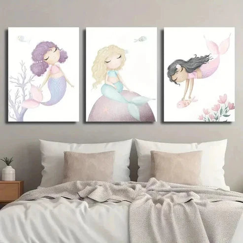 3pcs Mermaid with Long Flowing Hair Wall Art Set Canvas Unframed - High Quality Print 100% Australian Made Wall Canvas