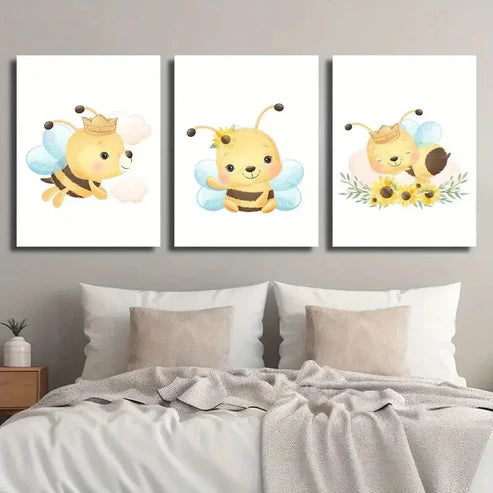 3pcs Cartoon Bees Flowers & Butterflies Wall Art Set Canvas Unframed - High Quality Print 100% Australian Made Wall Canvas - Bella Home Decor