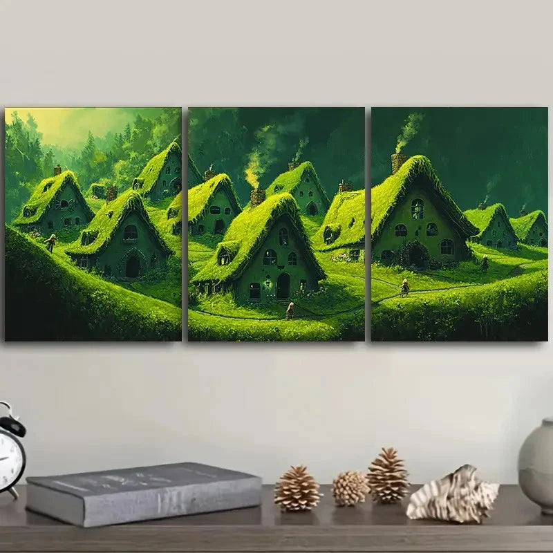 3pcs Green Village Houses Art Painting Wall Art Set Canvas Framed 60x90cm - High Quality Print 100% Australian Made Wall Canvas Ready to Hang - Bella Home Decor