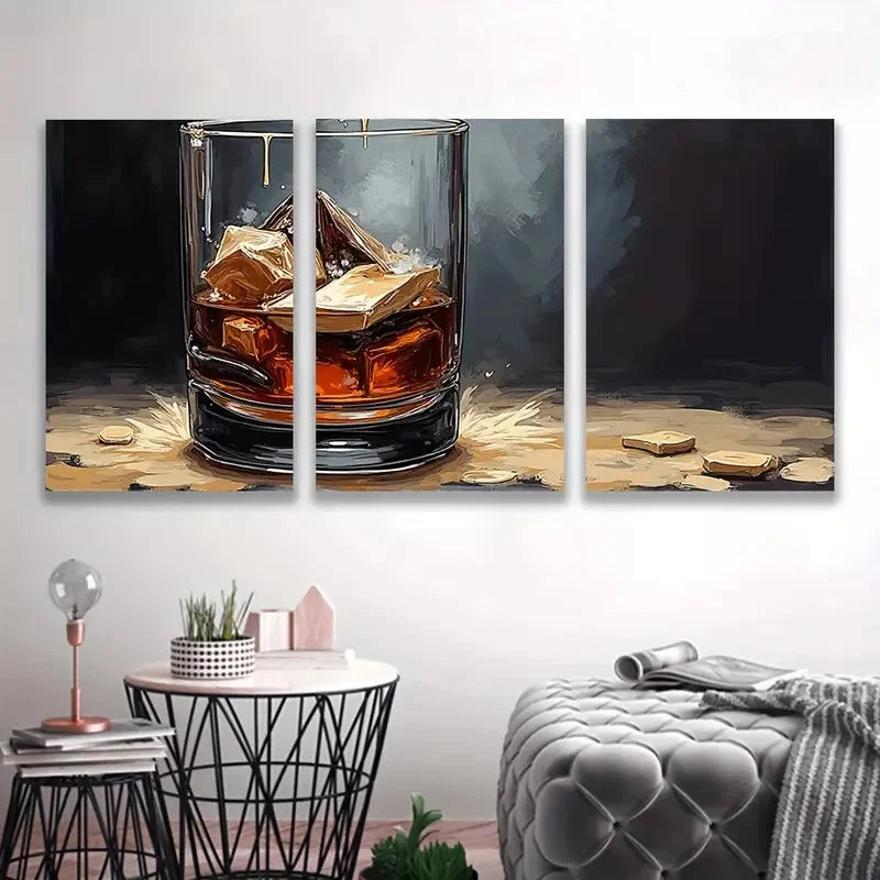 3pcs Golden Whiskey Glass Canvas Painting Wall Art Set Canvas Framed 40x60cm - High Quality Print 100% Australian Made Wall Canvas Ready to Hang - Bella Home Decor