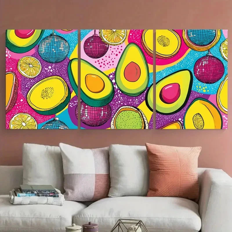 3pcs Vibrant Disco Ball & Avocado Preppy Perfect Wall Art Set Canvas Framed 40x60cm - High Quality Print 100% Australian Made Wall Canvas Ready to Hang