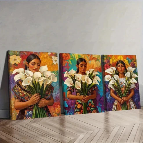3pcs Mexican Women Holding Flowers Wall Art Set Canvas Unframed - High Quality Print 100% Australian Made Wall Canvas