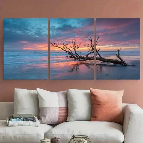 3pcs Tree Branch On The Beach At Dusk Perfect Wall Art Canvas Unframed – High Quality Print 100% Australian Made Wall Canvas