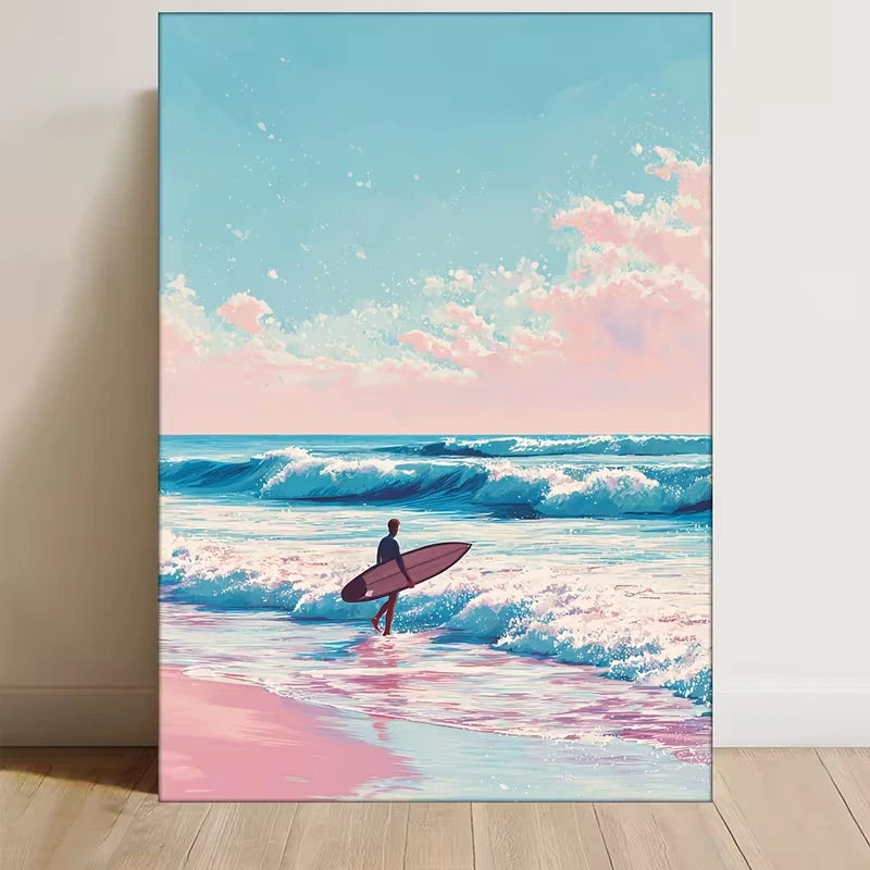 Design of Surfer Beach Art in Pastel Colors 60x90cm Metal Print Ready to Hang