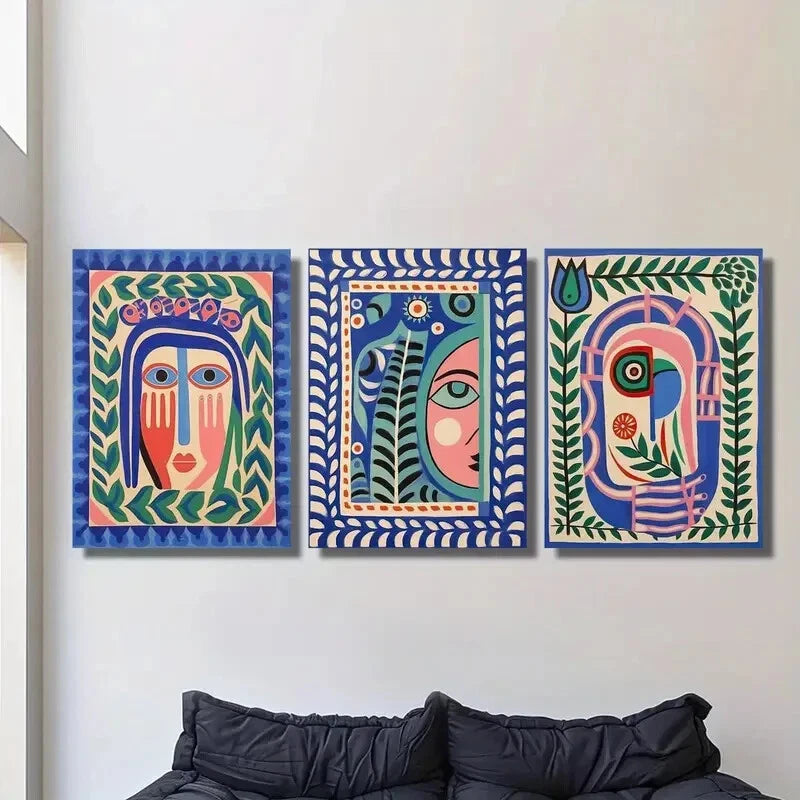 3pcs Classic Modern Bohemian Face Painting Wall Art Set Canvas Framed 60x90cm - High Quality Print 100% Australian Made Wall Canvas Ready to Hang - Bella Home Decor