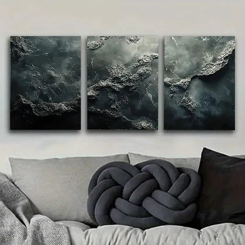 3pcs Fractured Black Stone Texture Wall Art Canvas Unframed - High Quality Print 100% Australian Made Wall Canvas - Bella Home Decor
