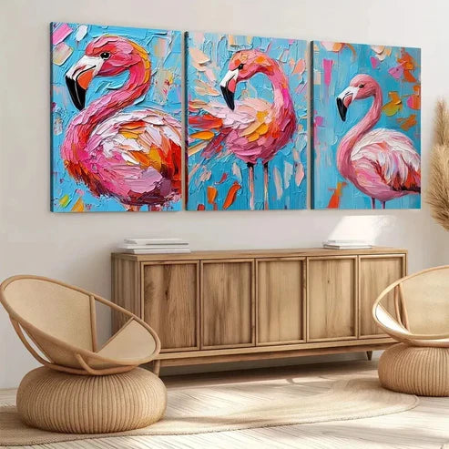 3pcs Colorful Pink Flamingo Oil Painting Elegant Wall Art Set Canvas Unframed - High Quality Print 100% Australian Made Wall Canvas - Bella Home Decor