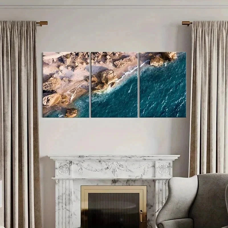 3pcs Sea Waves Coastline Rocks Decor Wall Art Set Canvas Framed 50x70cm - High Quality Print 100% Australian Made Wall Canvas Ready to Hang