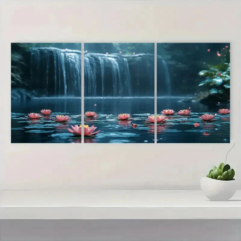 3pcs Magical Pond with Waterfall and Lily ML Wall Art Set Canvas Framed 60x90cm - High Quality Print 100% Australian Made Wall Canvas Ready to Hang