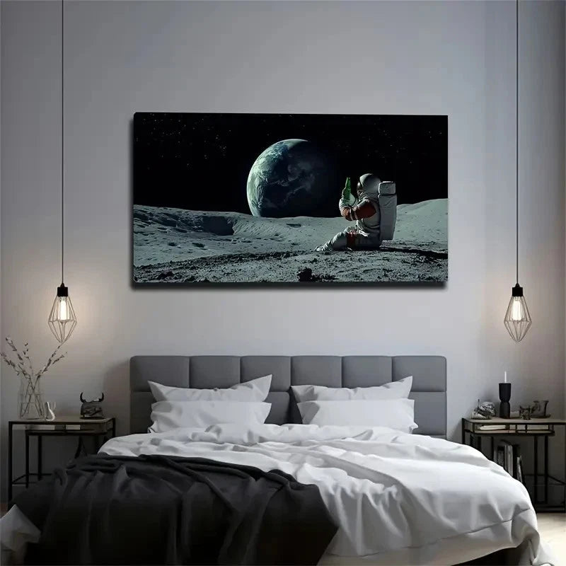 Astronaut & Earth On The Moon Wall Art Canvas Office Home Room Framed 120x60cm