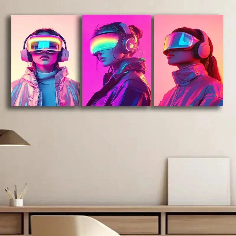 3pcs Cyberpunk Woman With VR Glasses Wall Art Set Canvas Framed 60x90cm - High Quality Print 100% Australian Made Wall Canvas Ready to Hang - Bella Home Decor