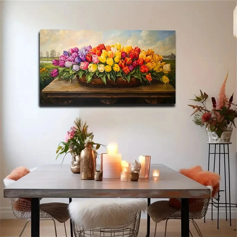 Vibrant Tulip Basket Spray Wall Art Canvas Office Home Room Framed 120x60cm