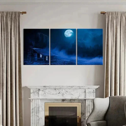 3pcs Moon Trees Mountains Thatched House Wall Art Canvas Unframed - High Quality Print 100% Australian Made Wall Canvas