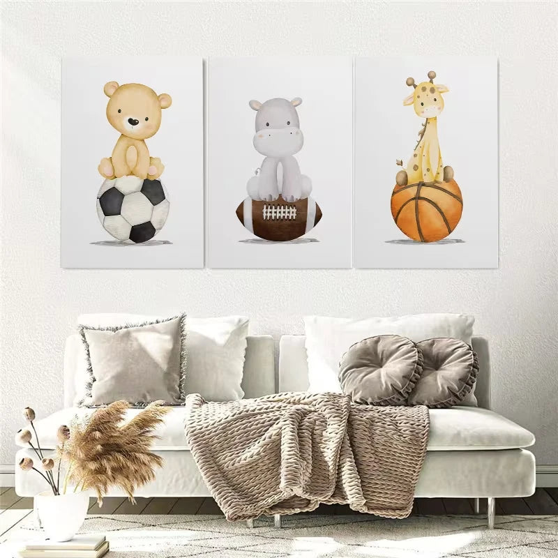 3pcs Sports Safari Animal Watercolor Wall Art Set Canvas Framed 60x90cm - High Quality Print 100% Australian Made Wall Canvas Ready to Hang