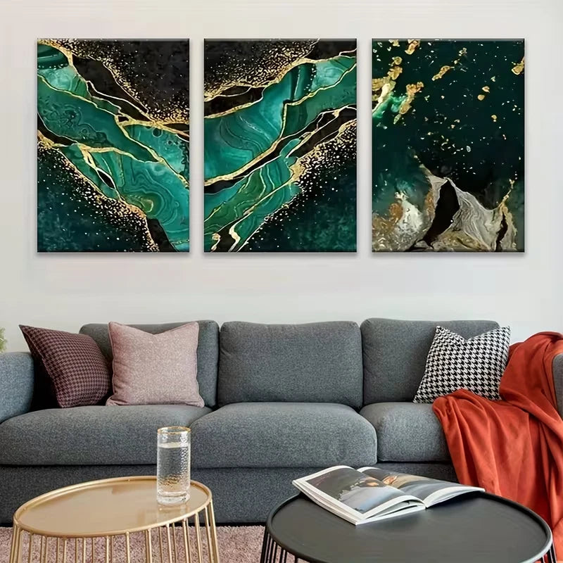3pcs Golden Green Agate Metal Print Ready to Hang Art